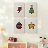 The four Stocking and Star mini canvases on a wall above a shelf