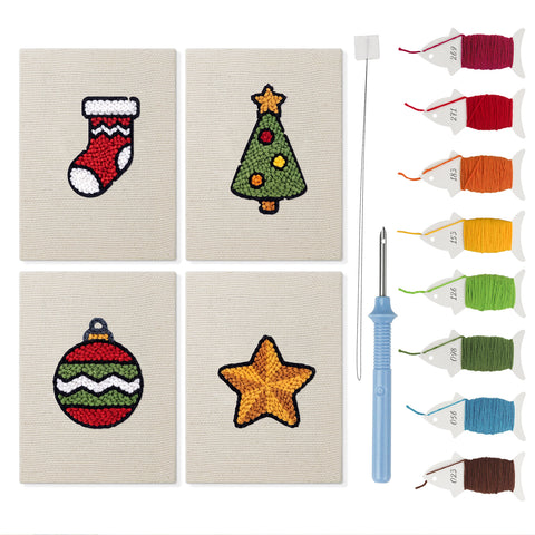 Stocking and Star mini punch needle kit set: four finished canvases with threads, punch needle and threader
