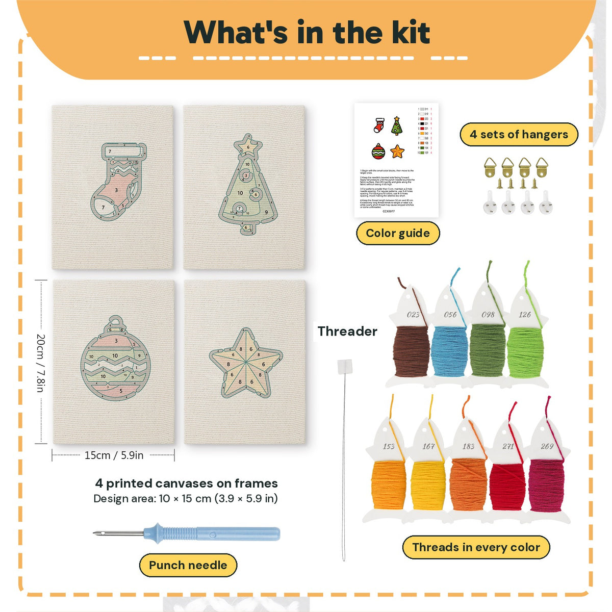 What is in the Stocking and Star set: 4 printed canvases, punch needle, threader, threads, color guide and 4 sets of hangers (6 × 8 in (15 × 20 cm) each)
