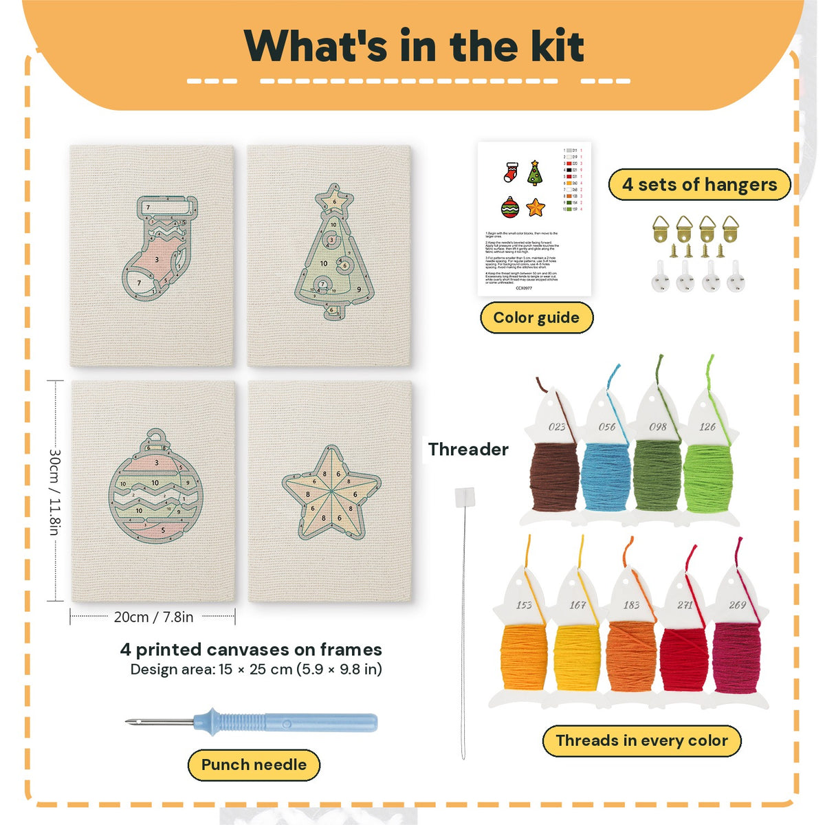 What is in the Stocking and Star set, 8 × 12 in (20 × 30 cm) each: 4 printed canvases, punch needle, threader, threads, color guide and 4 sets of hangers