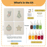 What is in the Stocking and Star set, 8 × 12 in (20 × 30 cm) each: 4 printed canvases, punch needle, threader, threads, color guide and 4 sets of hangers