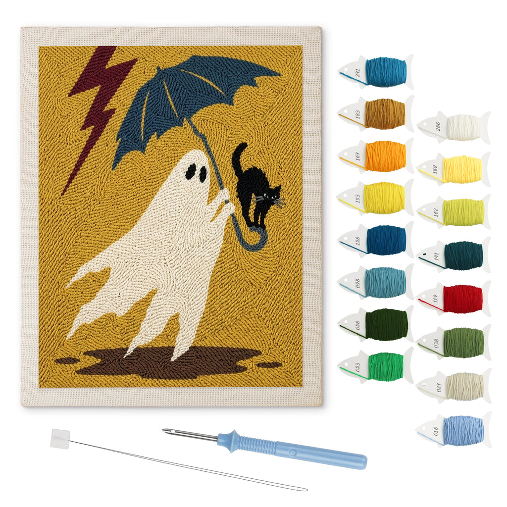 Stormy Ghost and Cat punch needle kit: finished canvas with threads, punch needle and threader