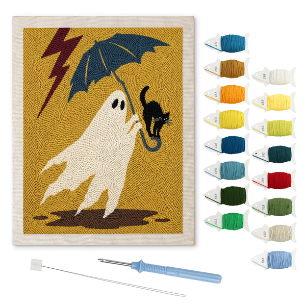 Stormy Ghost and Cat punch needle kit: finished canvas with threads, punch needle and threader