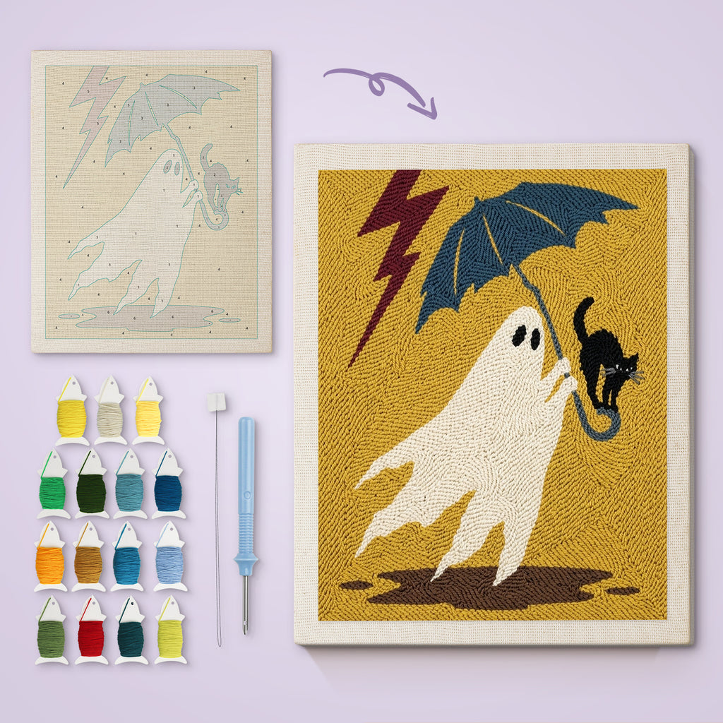 Stormy Ghost and Cat canvas before and after punching, with the threads and tools