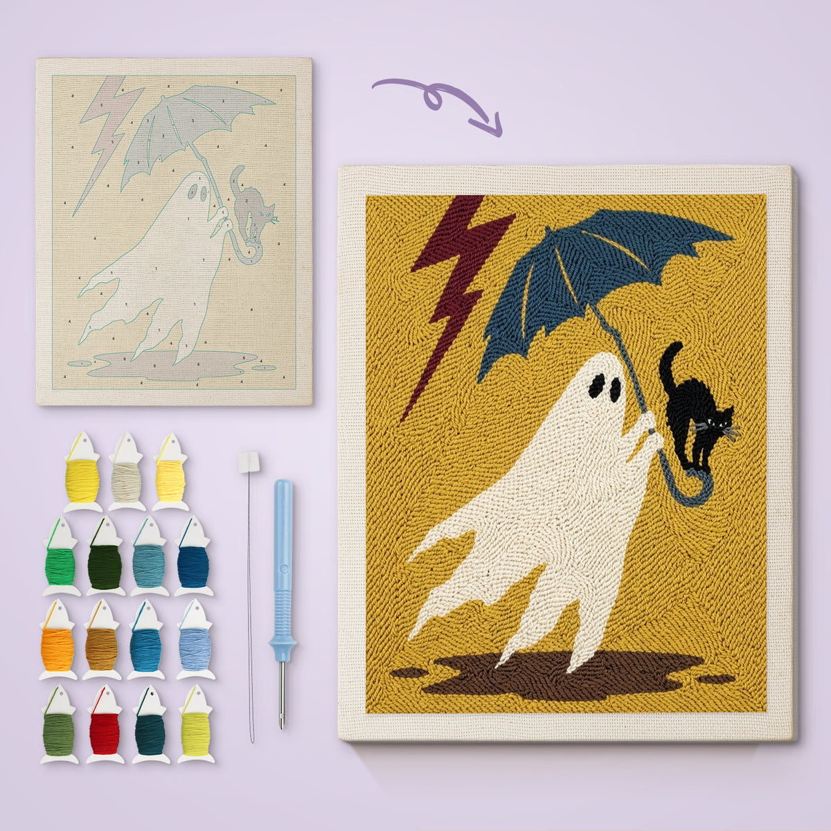Stormy Ghost and Cat canvas before and after punching, with the threads and tools
