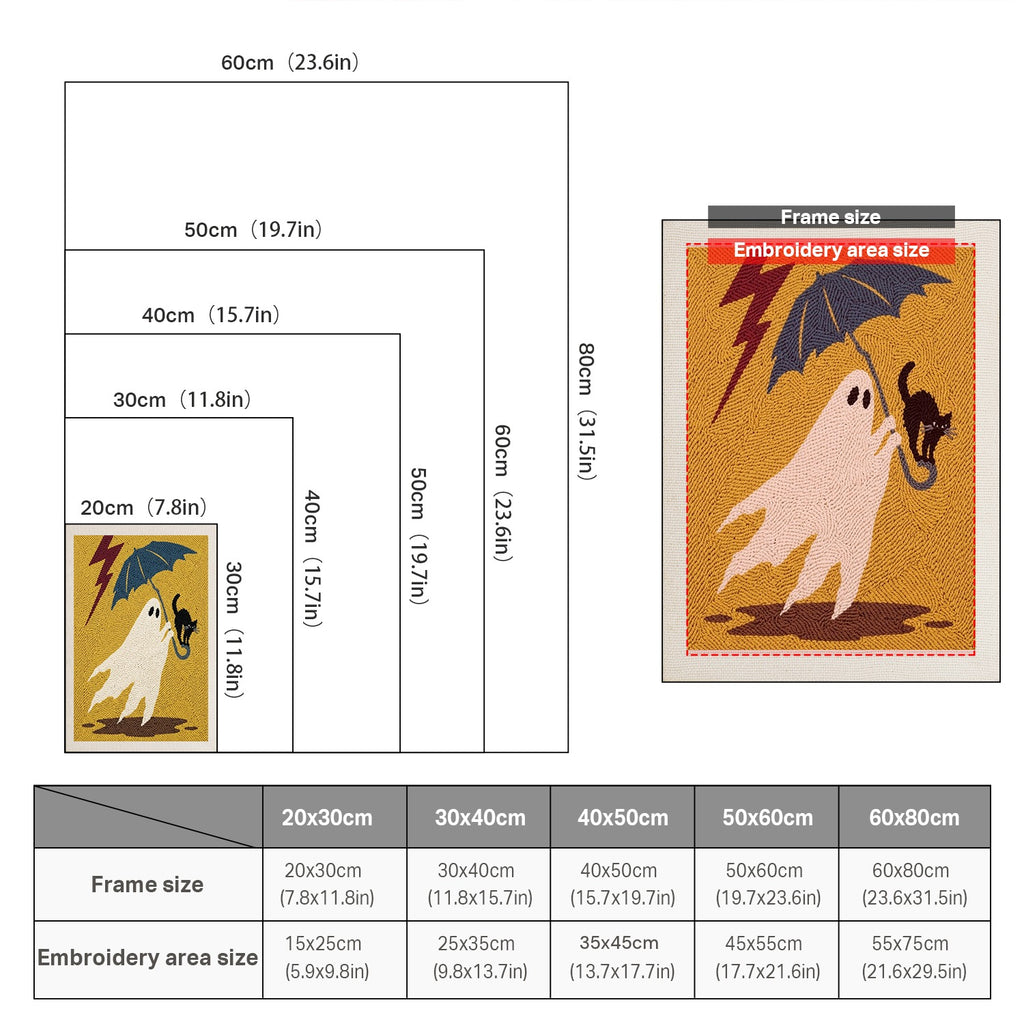 Size chart for punch needle kits from 20 x 30 cm to 60 x 80 cm