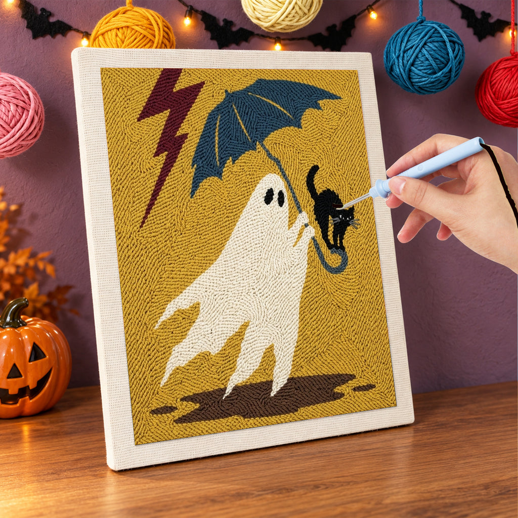 Punching the Stormy Ghost and Cat design with the punch needle
