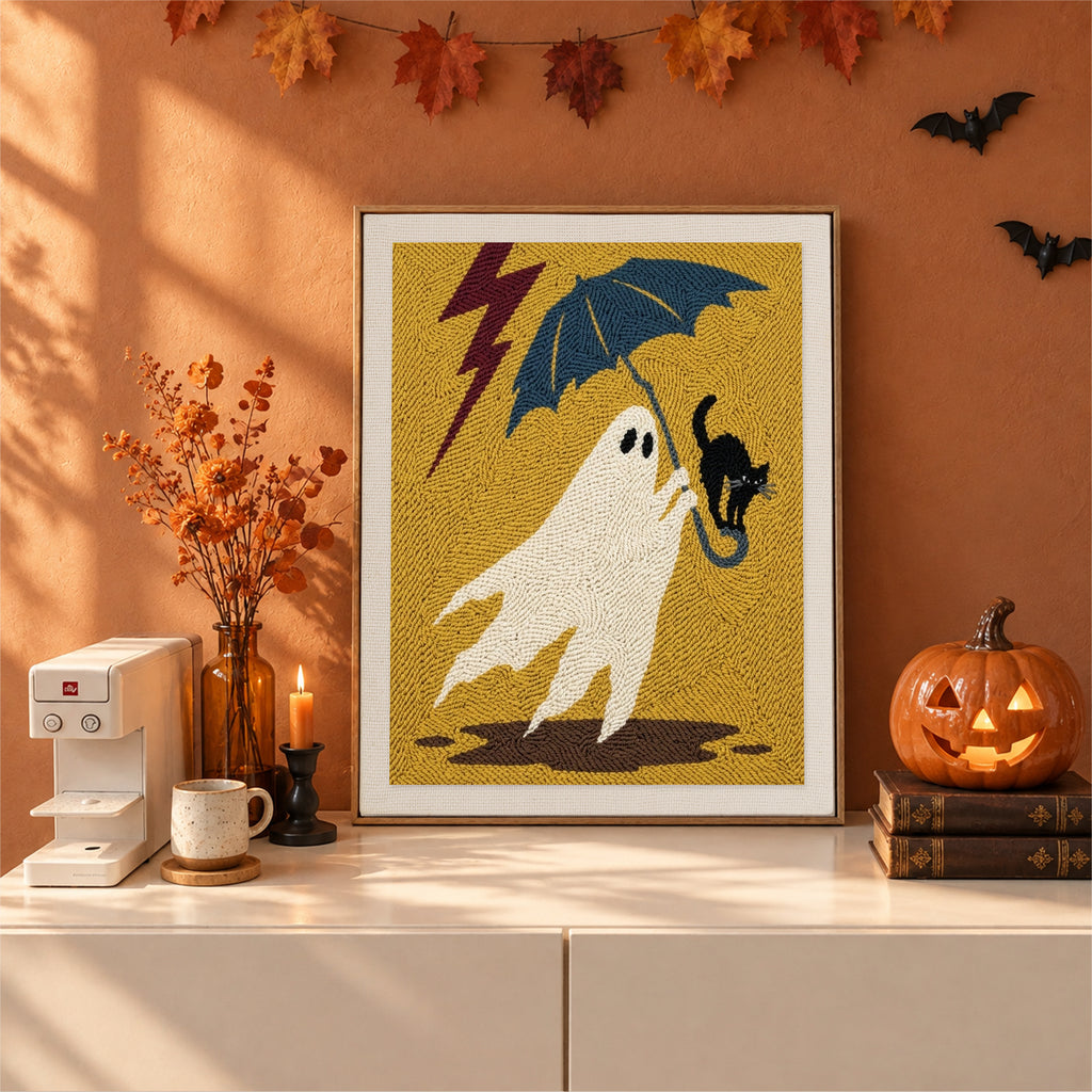 Finished Stormy Ghost and Cat punch needle canvas on a wall