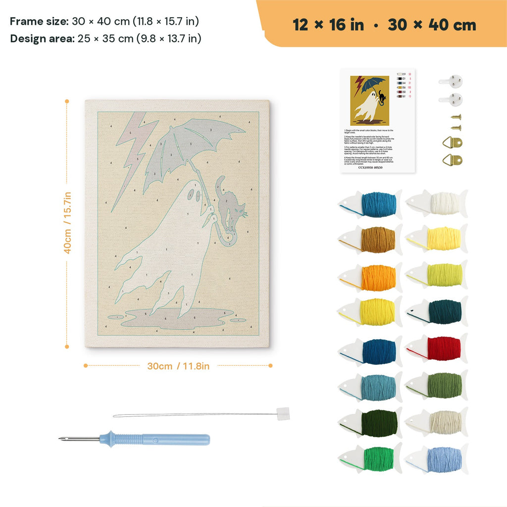 Stormy Ghost and Cat punch needle kit, 12 × 16 in (30 × 40 cm): canvas size and kit contents