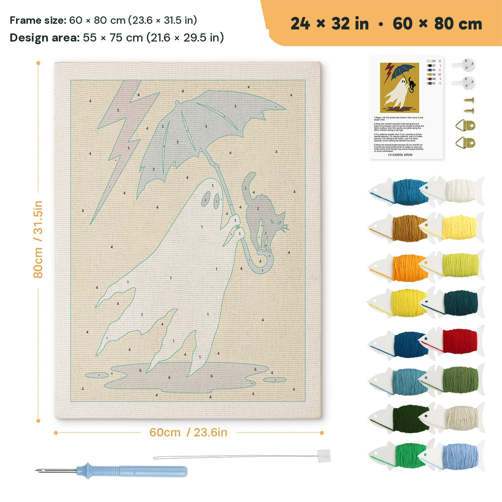 Stormy Ghost and Cat punch needle kit, 24 × 32 in (60 × 80 cm): canvas size and kit contents