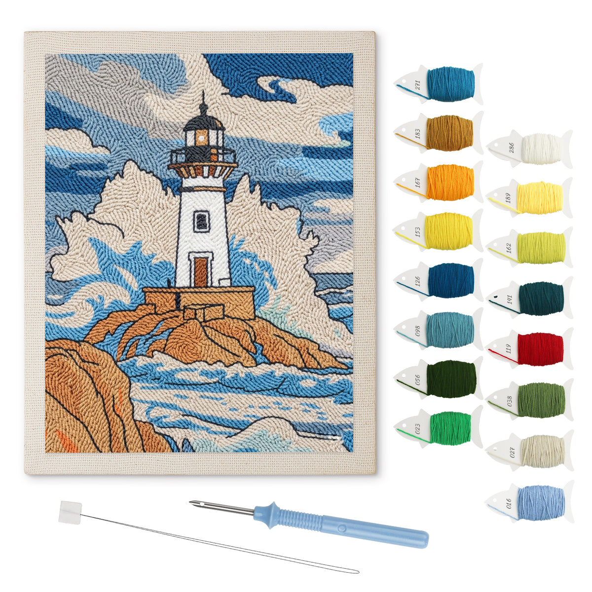 Stormy Lighthouse punch needle kit: finished canvas with threads, punch needle and threader
