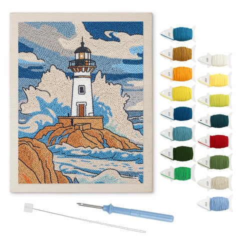 Stormy Lighthouse punch needle kit: finished canvas with threads, punch needle and threader