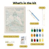 What is in the Stormy Lighthouse kit: printed canvas, punch needle, threader, threads, color guide and hangers