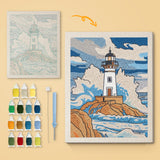 Stormy Lighthouse canvas before and after punching, with the threads and tools
