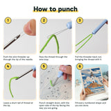 Six steps showing how to thread and use the punch needle