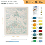 Stormy Lighthouse punch needle kit, 20 × 24 in (50 × 60 cm): canvas size and kit contents