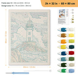 Stormy Lighthouse punch needle kit, 24 × 32 in (60 × 80 cm): canvas size and kit contents