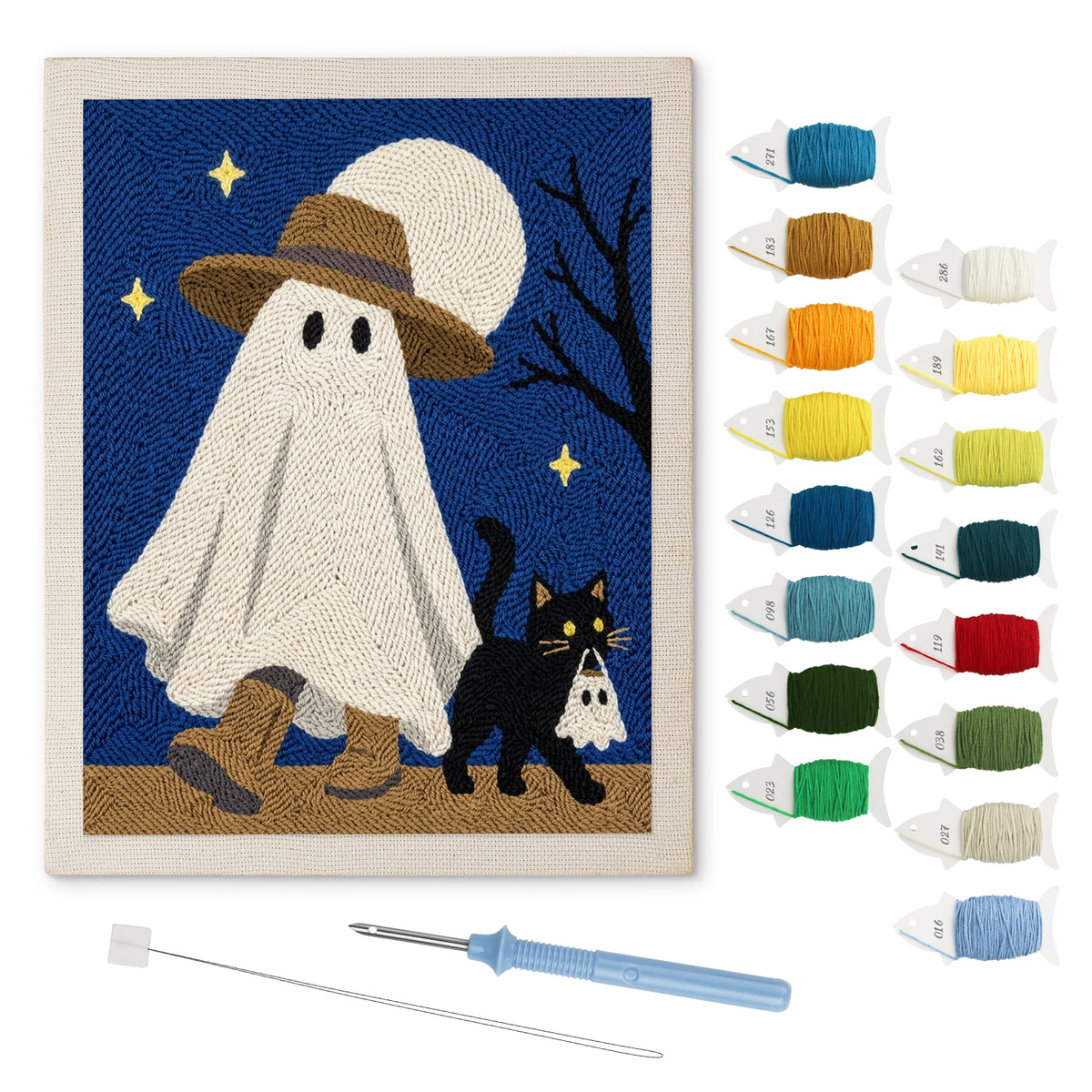 Straw Hat Ghost punch needle kit: finished canvas with threads, punch needle and threader