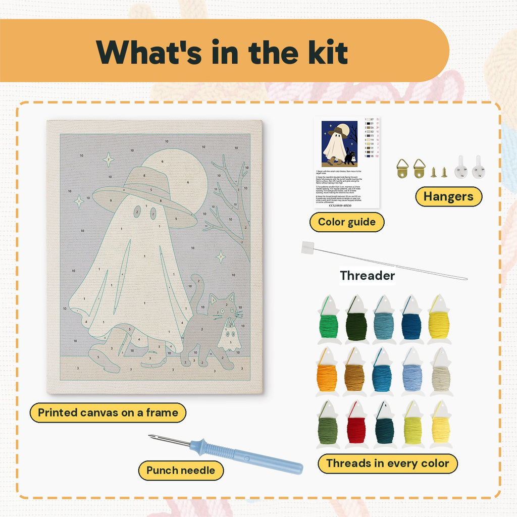 What is in the Straw Hat Ghost kit: printed canvas, punch needle, threader, threads, color guide and hangers