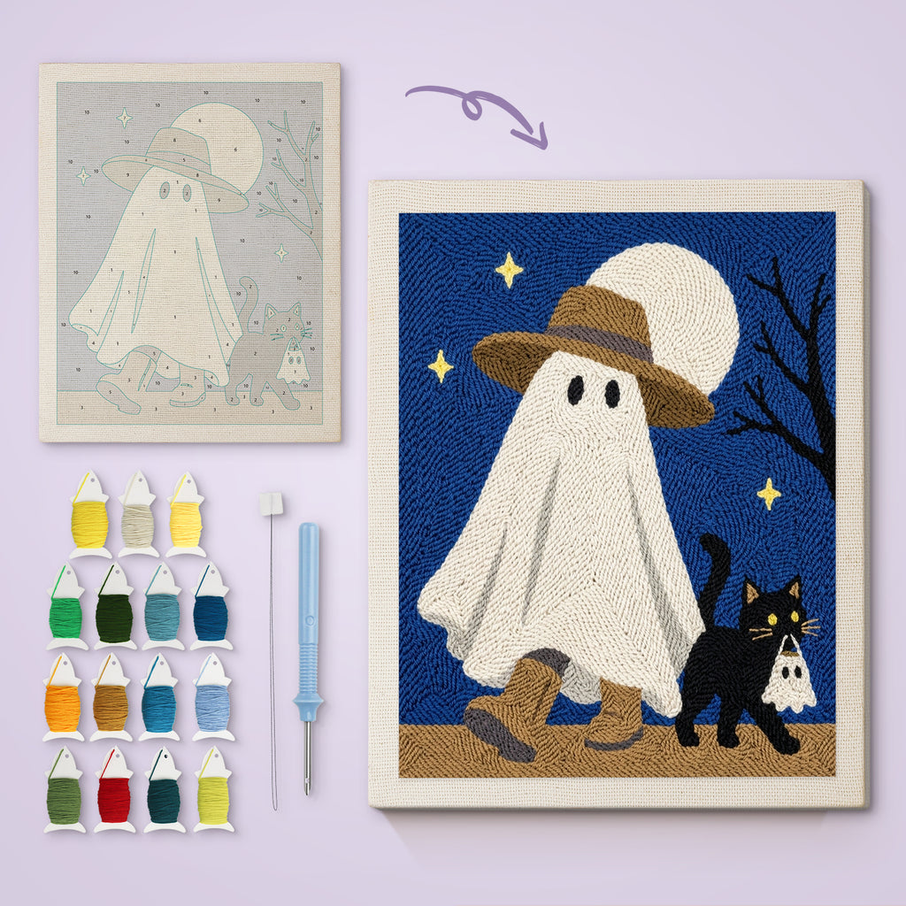 Straw Hat Ghost canvas before and after punching, with the threads and tools