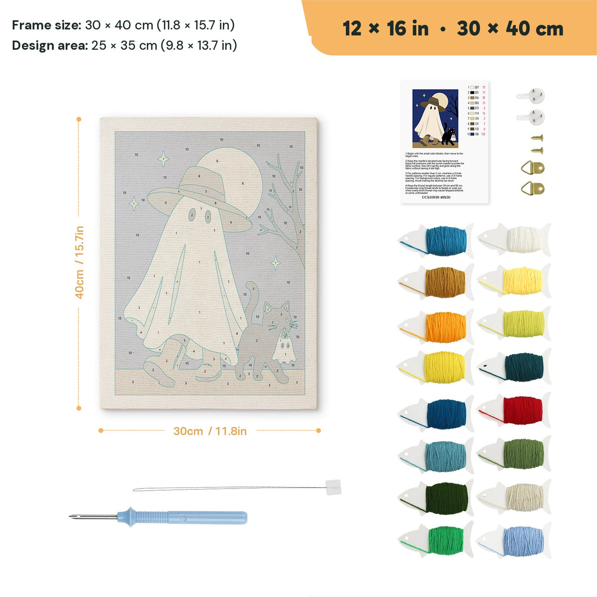 Straw Hat Ghost punch needle kit, 12 × 16 in (30 × 40 cm): canvas size and kit contents