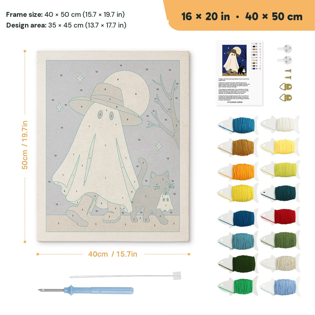 Straw Hat Ghost punch needle kit, 16 × 20 in (40 × 50 cm): canvas size and kit contents