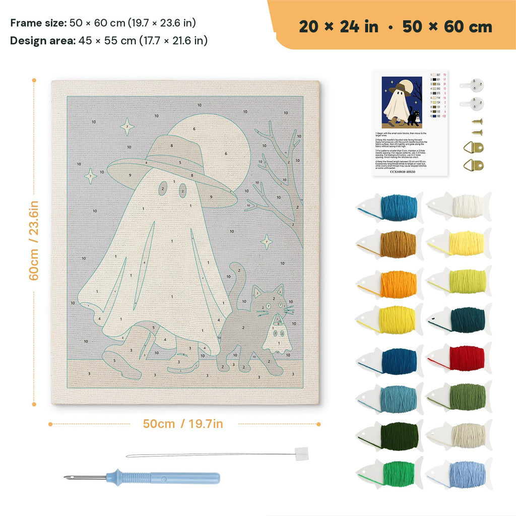 Straw Hat Ghost punch needle kit, 20 × 24 in (50 × 60 cm): canvas size and kit contents