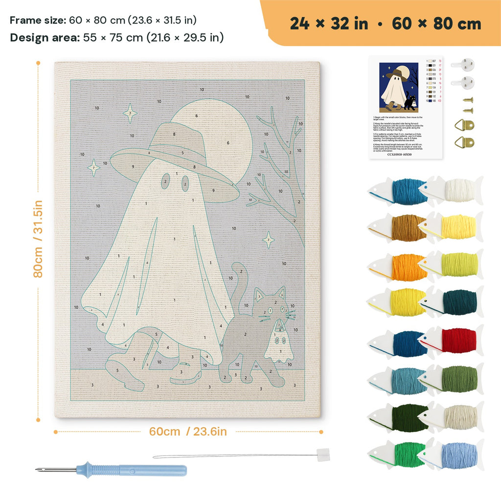 Straw Hat Ghost punch needle kit, 24 × 32 in (60 × 80 cm): canvas size and kit contents