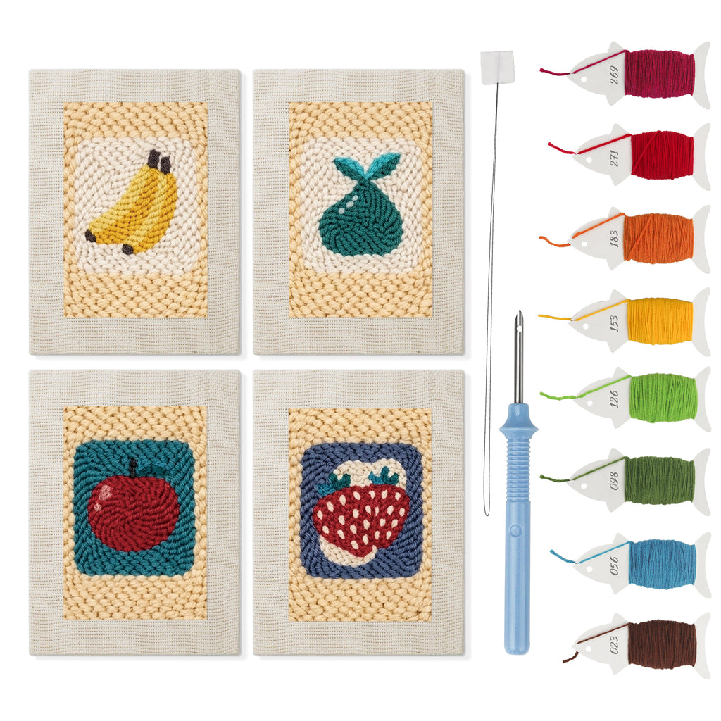 Strawberry and Bananas mini punch needle kit set: four finished canvases with threads, punch needle and threader