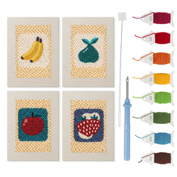 Strawberry and Bananas mini punch needle kit set: four finished canvases with threads, punch needle and threader