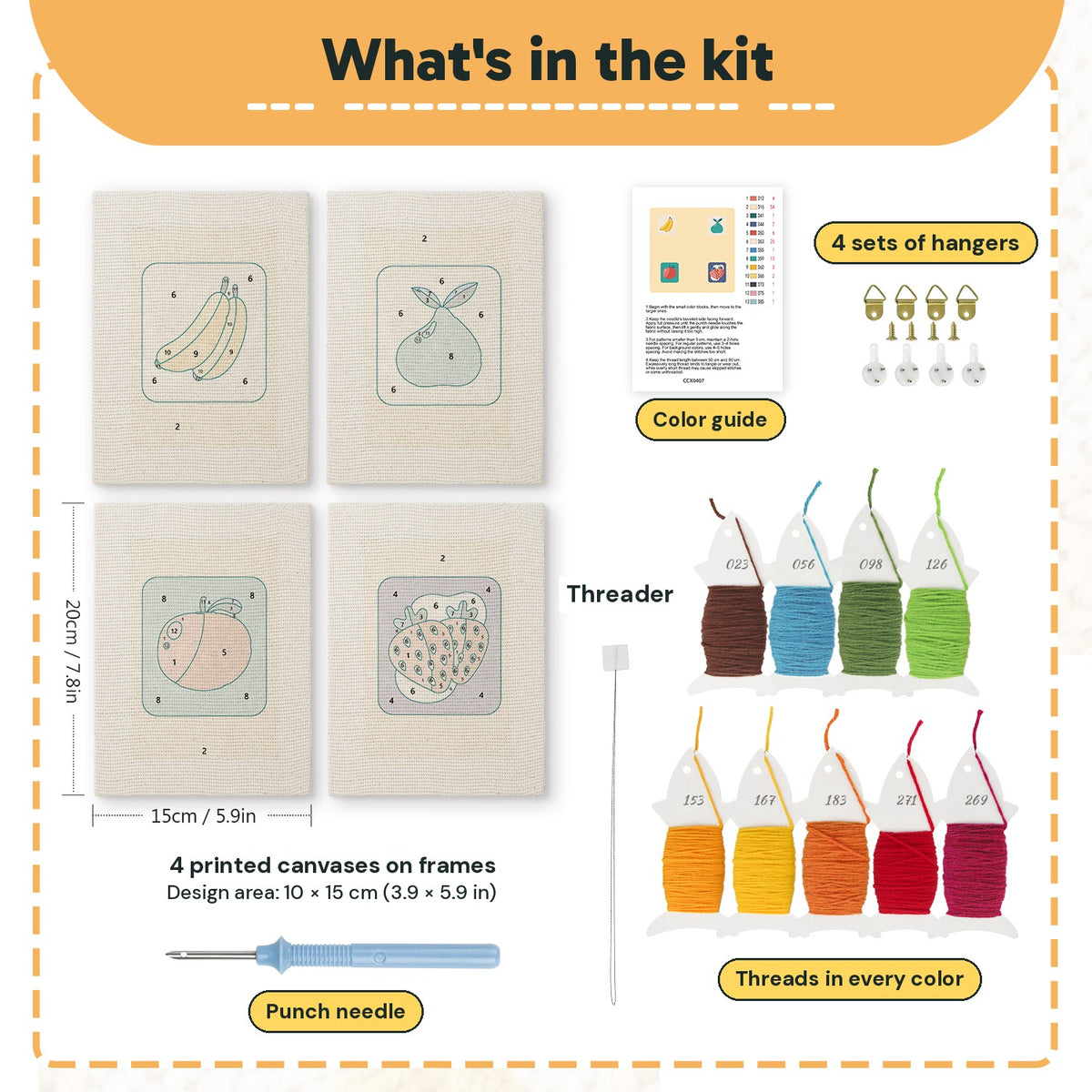What is in the Strawberry and Bananas set: 4 printed canvases, punch needle, threader, threads, color guide and 4 sets of hangers (6 × 8 in (15 × 20 cm) each)
