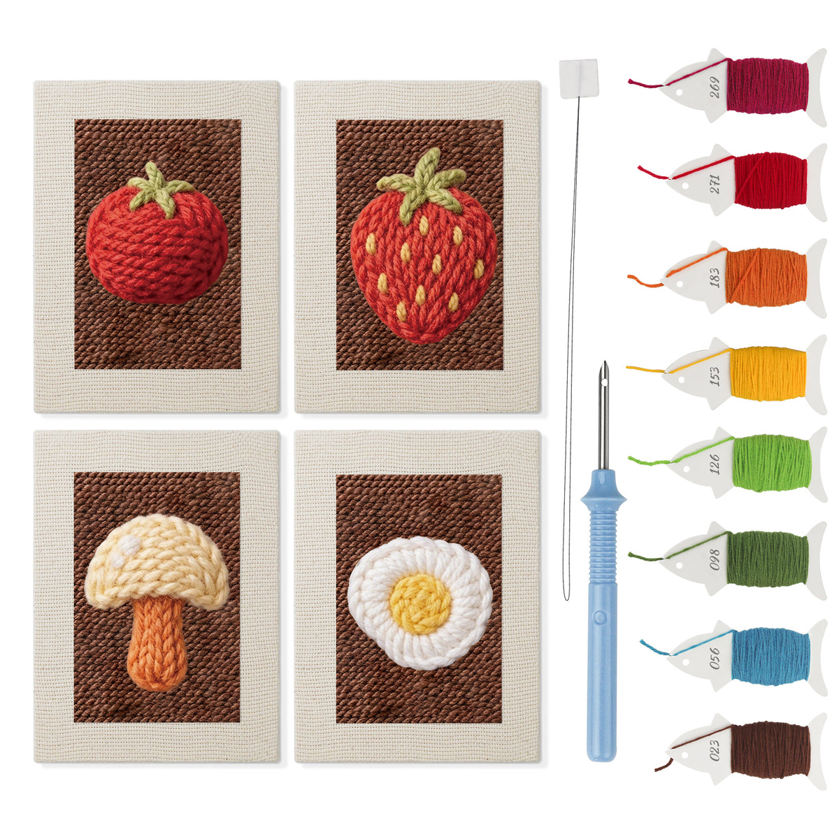 Strawberry Fried Egg mini punch needle kit set: four finished canvases with threads, punch needle and threader