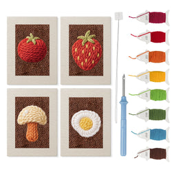 Strawberry Fried Egg mini punch needle kit set: four finished canvases with threads, punch needle and threader