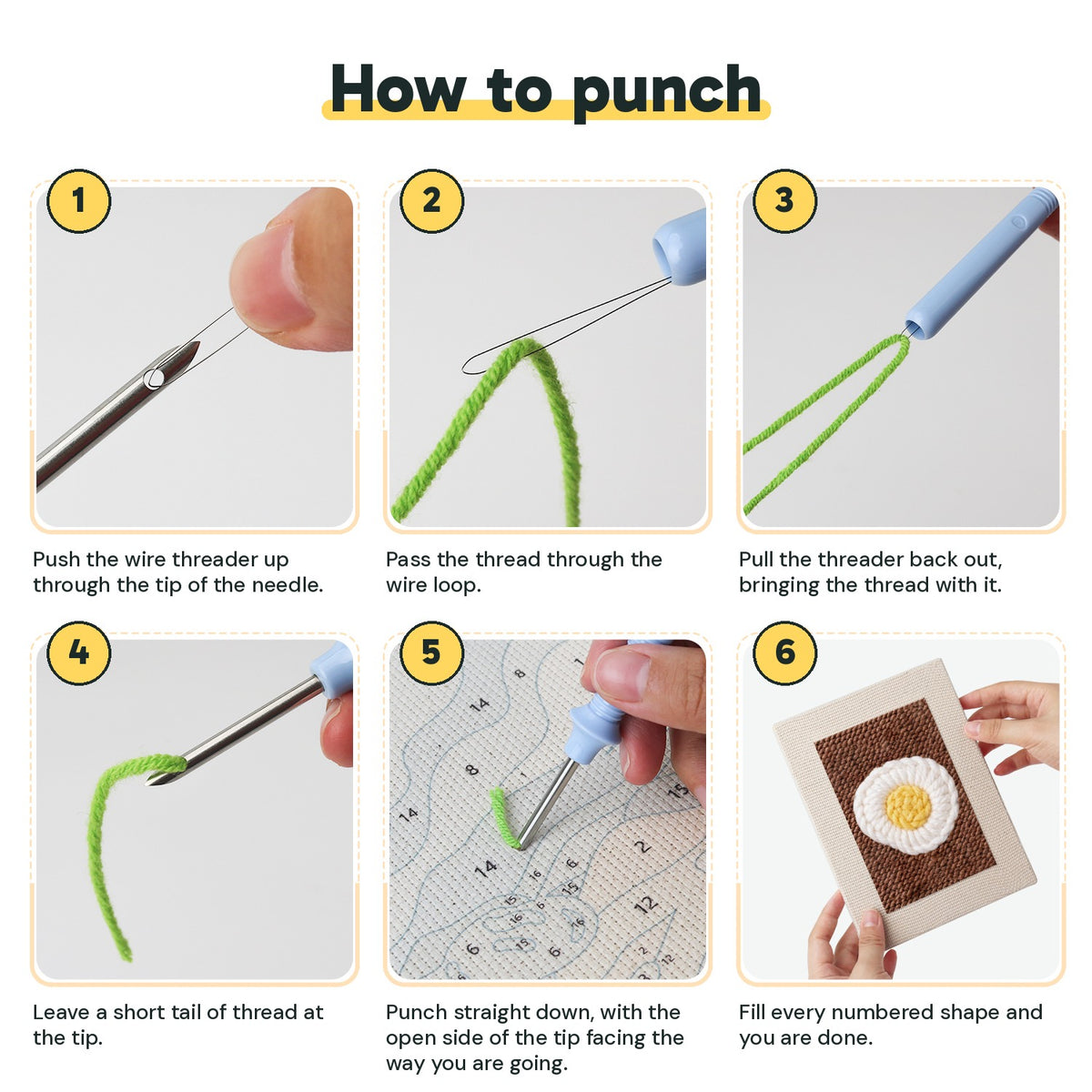 Six steps showing how to thread and use the punch needle
