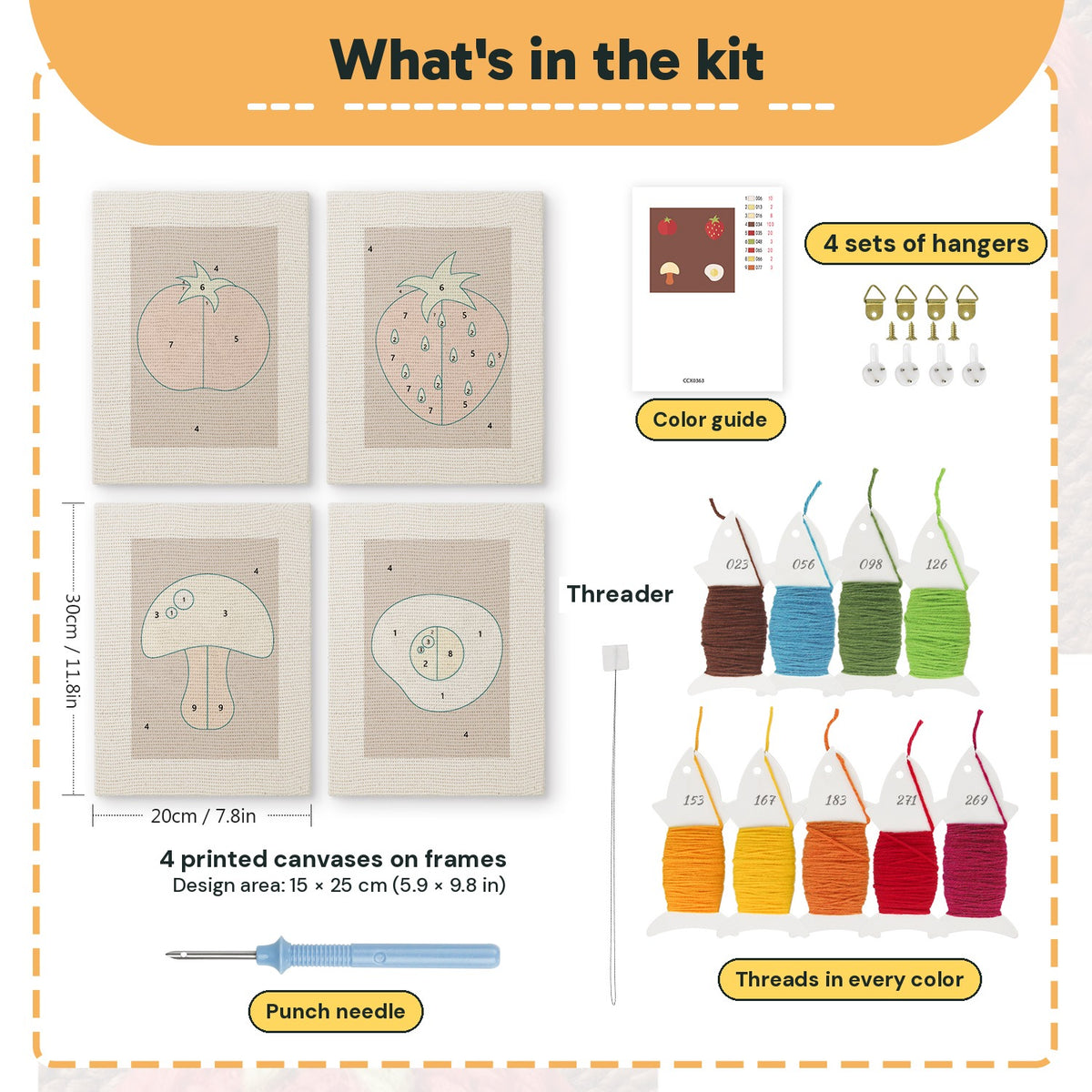 What is in the Strawberry Fried Egg set, 8 × 12 in (20 × 30 cm) each: 4 printed canvases, punch needle, threader, threads, color guide and 4 sets of hangers