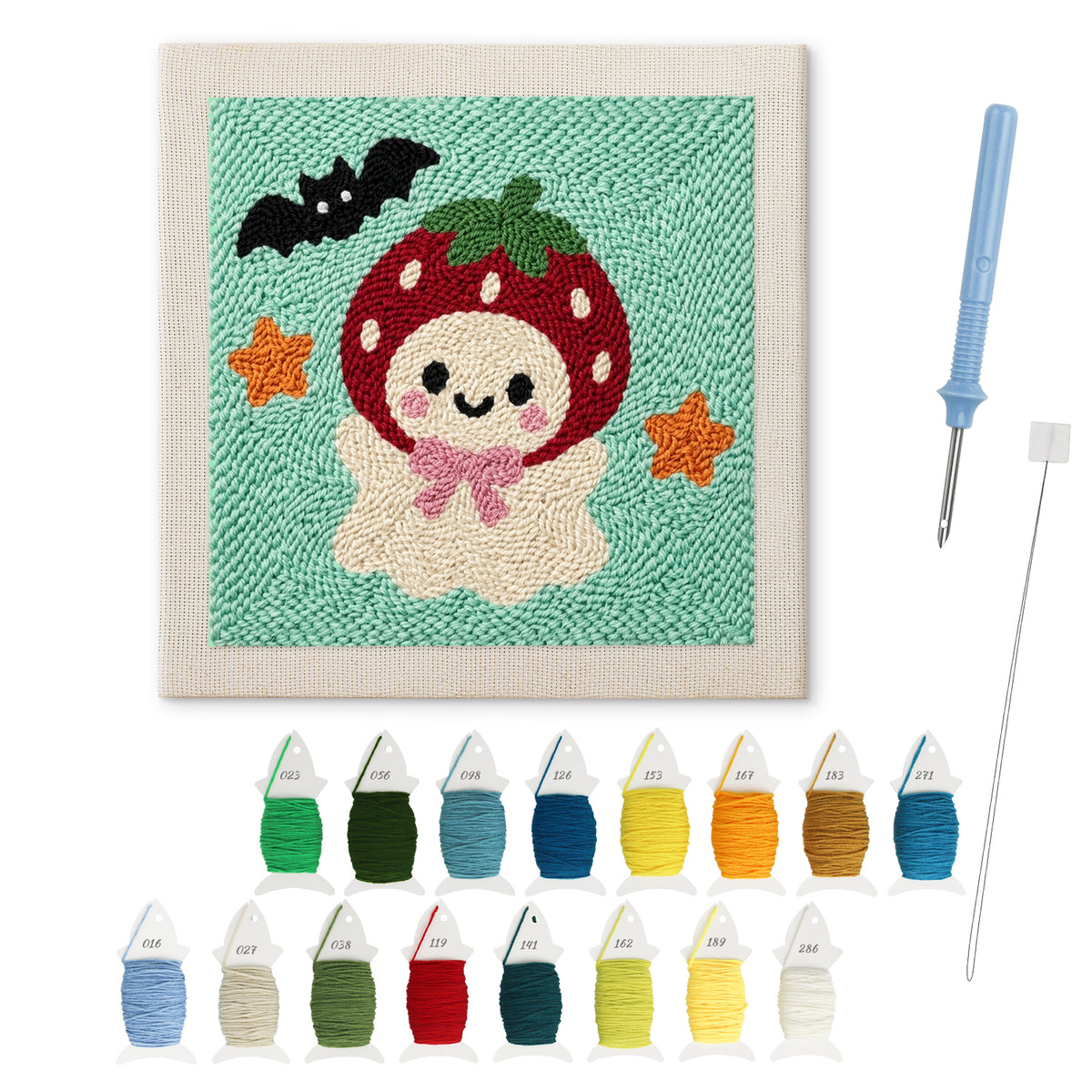 Strawberry Ghost punch needle kit: finished canvas with threads, punch needle and threader