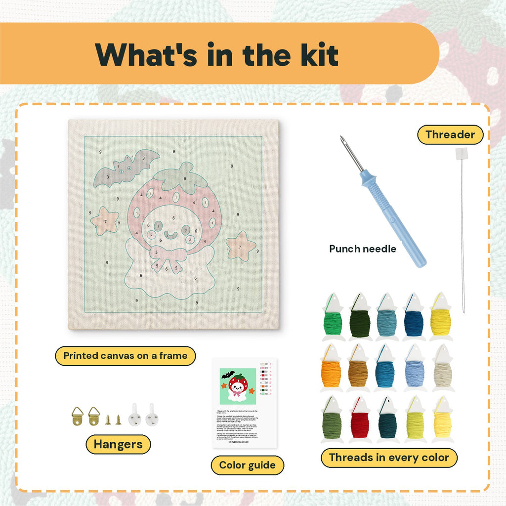 What is in the Strawberry Ghost kit: printed canvas, punch needle, threader, threads, color guide and hangers