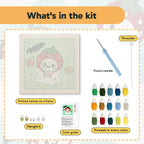 What is in the Strawberry Ghost kit: printed canvas, punch needle, threader, threads, color guide and hangers