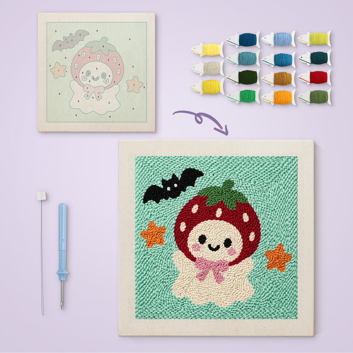 Strawberry Ghost canvas before and after punching, with the threads and tools