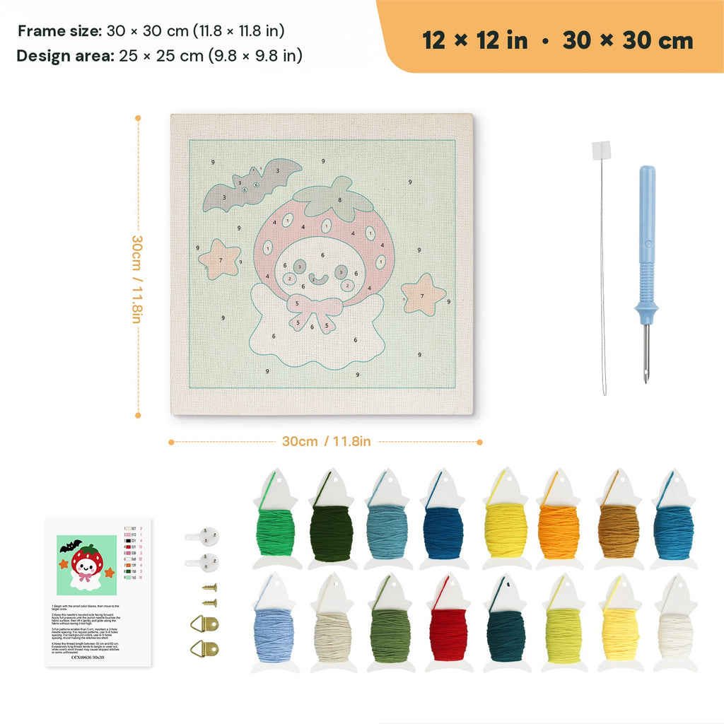 Strawberry Ghost punch needle kit, 12 × 12 in (30 × 30 cm): canvas size and kit contents