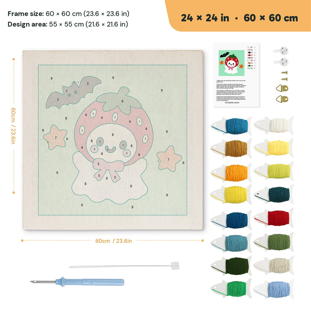 Strawberry Ghost punch needle kit, 24 × 24 in (60 × 60 cm): canvas size and kit contents