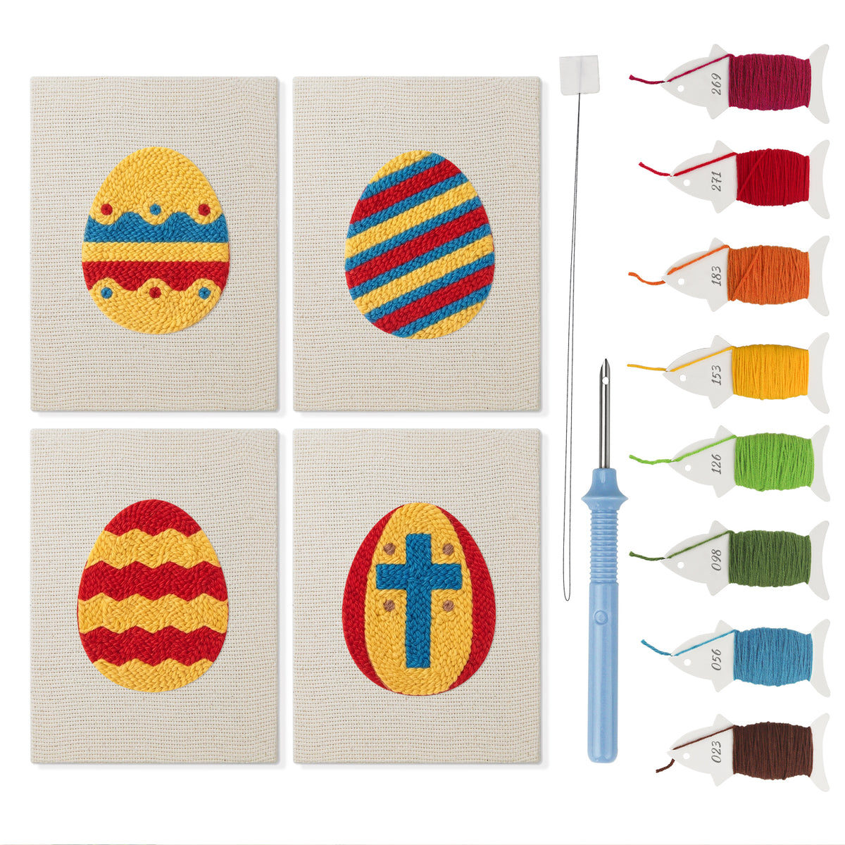 Striped Easter Eggs mini punch needle kit set: four finished canvases with threads, punch needle and threader