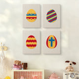 The four Striped Easter Eggs mini canvases on a wall above a shelf