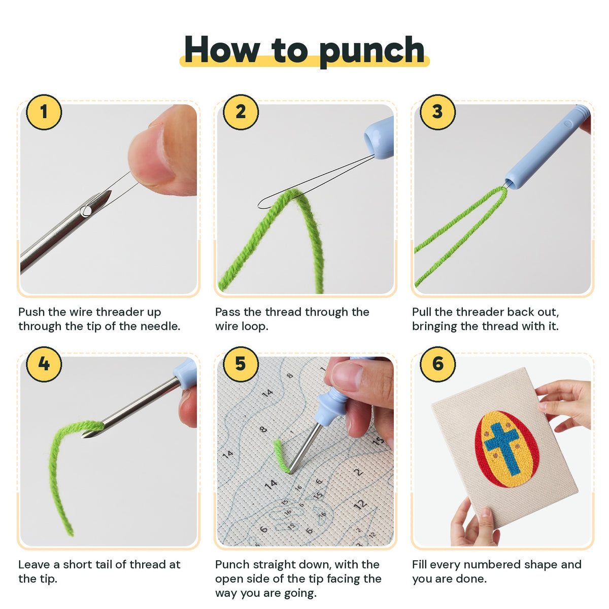 Six steps showing how to thread and use the punch needle