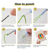 Six steps showing how to thread and use the punch needle