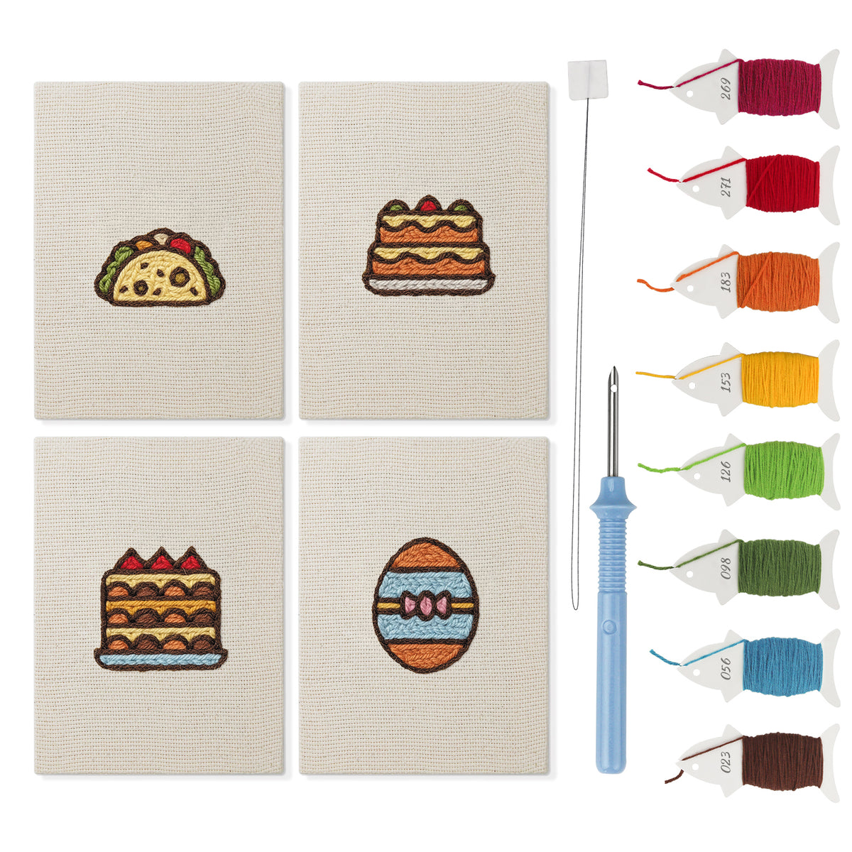 Striped Egg Cakes mini punch needle kit set: four finished canvases with threads, punch needle and threader