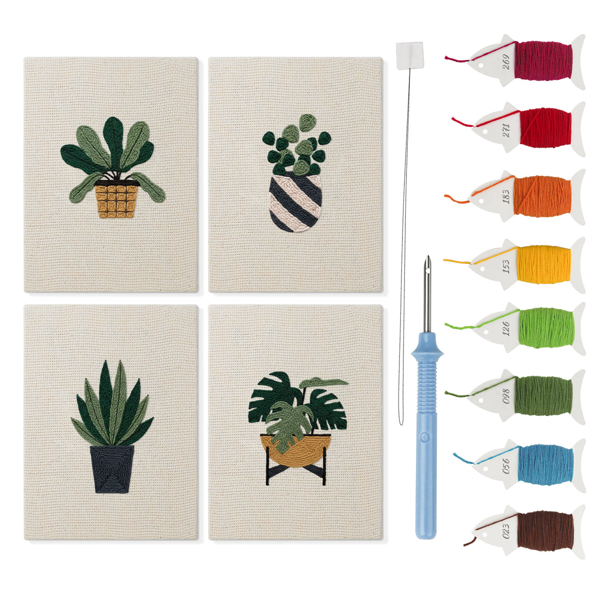 Striped Pot Greens mini punch needle kit set: four finished canvases with threads, punch needle and threader