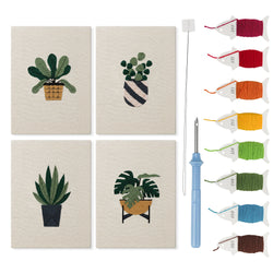 Striped Pot Greens mini punch needle kit set: four finished canvases with threads, punch needle and threader