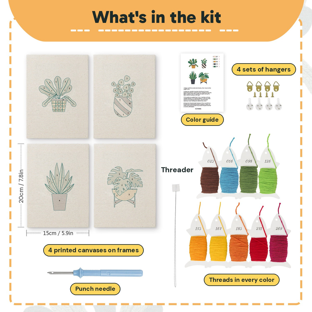 What is in the Striped Pot Greens set: 4 printed canvases, punch needle, threader, threads, color guide and 4 sets of hangers (6 × 8 in (15 × 20 cm) each)