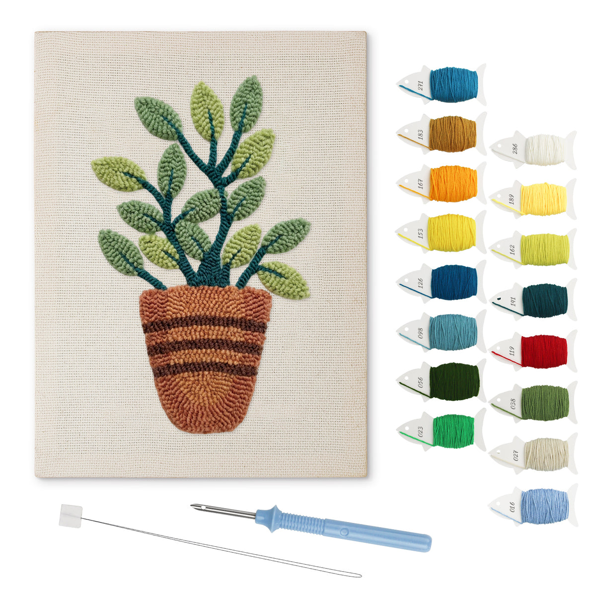Striped Pot Plant punch needle kit: finished canvas with threads, punch needle and threader